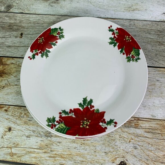 Gibson NOBLE POINSETTIA Red Floral Holly Rim Smooth Lunch Salad Plates Set of 4 - Picture 2 of 11